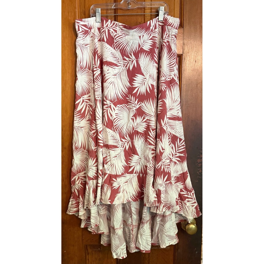 Torrid Plus Sz 1(14/16) Coral Pink White Tropical Palm Leaf High Low Maxi Skirt